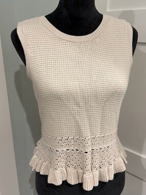 Cream Knit Crochet Sleeveless Peplum Cropped Tiered Tank Top Staple Piece Size M